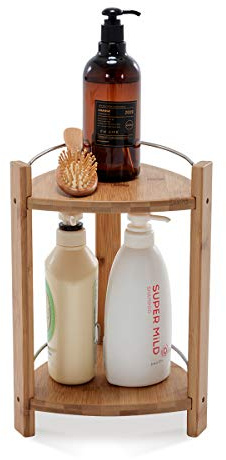 GOBAM Bamboo Shower Corner Caddy, Medium - 2 Tier Bathroom Organizer Countertop for Shampoo, Conditioner, Lotion, Soap - Standing Shower Stand for Kitchen, Bedroom, or Office