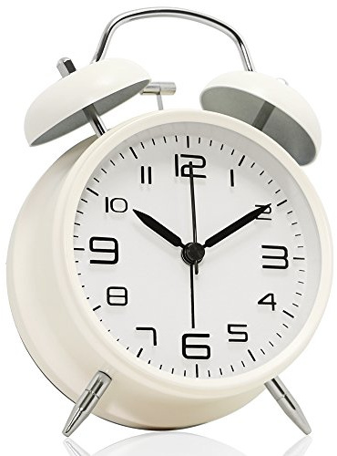 Betus [Non-Ticking Twin Bell Alarm Clock - Metal Frame 3D Dial with Backlight Function - Desk Table Clock for Home & Office - Milk White