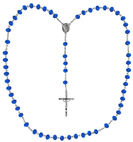 Kaltner Präsente Geschenkidee - Rosenkranz/Rosenkranzkette für Damen und Herren mit Kreuz Anhänger Marienbild und Glas Perlen (Länge 74 cm) (Blau)