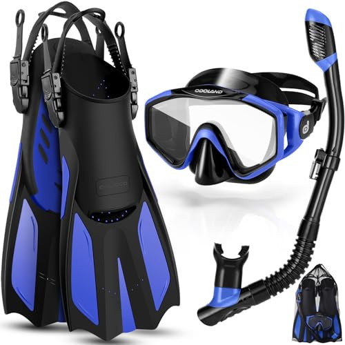 Snorkel Set for Adults, Anti-Fog Diving Mask with Dry Top Snorkel & Swim Fins, Wide View Scuba Flippers Snorkeling Gear for Men Women Youth Deep Blue L