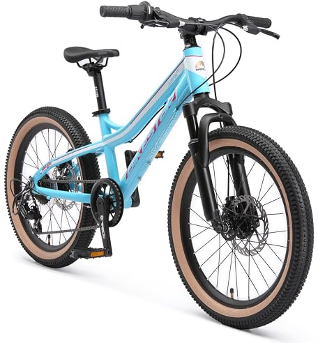 BIKESTAR VTT Vélo Tout Terrain pour Enfants de 6-9 Ans | Bicyclette 20 Pouces 7 Vitesses Shimano, Hardtail, Freins Disque, Suspension | Turquoise Blanc