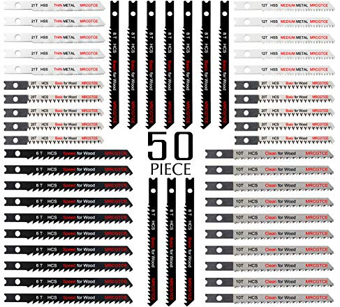 50PCS U-Shank Jigsaw Blades Set with Storage Case, Contractor Assorted HCS/HSS Jig Saw Blades for Wood, Plastic and Metal Cutting, 6T 8T 10T 12T 20T 21T