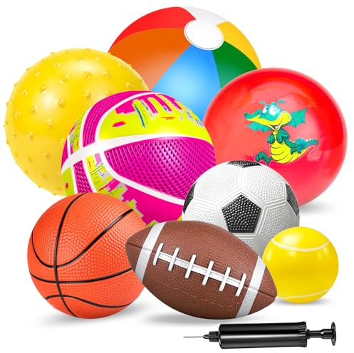 Ynanimery Balls for Toddlers, Toy Balls for Kids, Set of 8 Sport Toys with Pump/Beach Ball/Soccer/Basketball/Tennis/Football/Massage Ball/Rugby/PlaygroundBalls for Indoor Outdoor Party Games