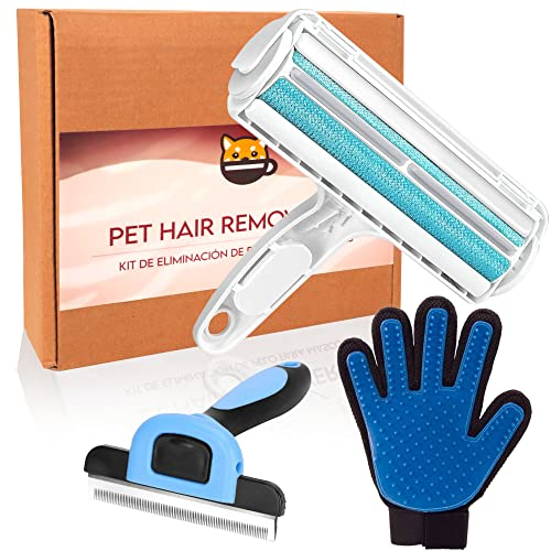 Cassary Tierhaarentferner Fusselrolle, Tierhaarbürste und Hunde- Katzenhandschuh. Fusselrolle für tierhaare für Sofa, Bett..., Katzenbürste/Hundebürste und fellpflege Handschuh für Katze und Hunde