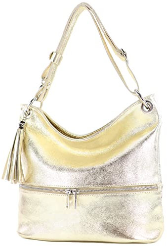 modamoda de - T143 - ital. Leder Schultertasche Umhängetasche, Farbe:Lightgold Metallic