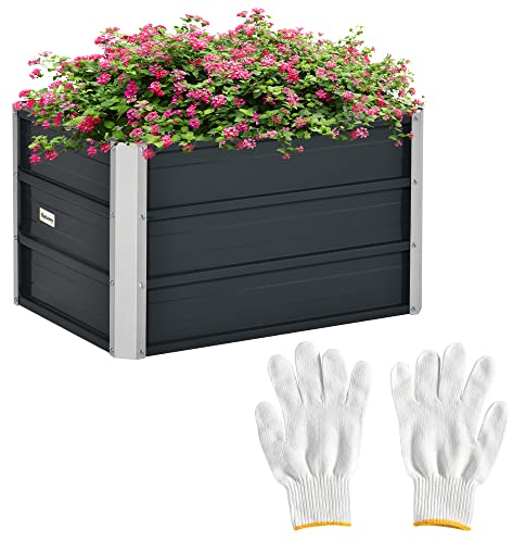 Outsunny Hochbeet aus Stahl Gartenbeet Pflanzkasten Blumenkasten Blumenkübel mit Handschuhe Dunkelgrau 66 x 47 x 40 cm