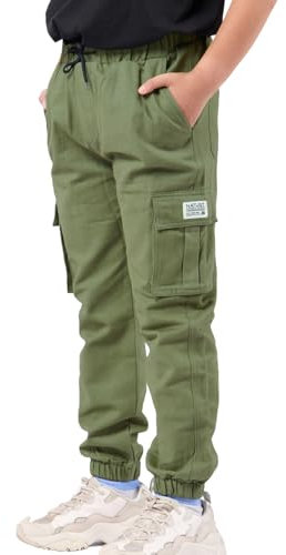 NATUST Jungen Cargohose Kinder Freizeithose Jogginghose Jungs Cargo Hose mit Elastischem Bund Armeegrün 146-152