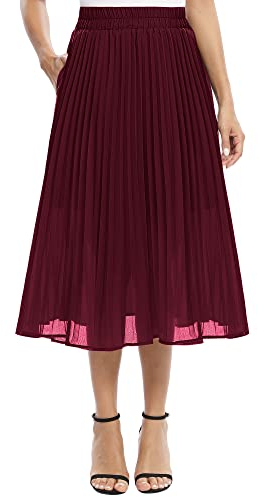 EXCHIC Damen Fließender Chiffon Elastisch Taille Midi Rock Freizeit A-Linie Knielange Falten Rock mit Tasche (S, Weinrot)