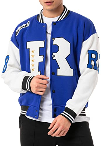 Elegante giacca da college in look retrò, giacca sportiva Varsity per il tempo libero e lo streetwear, Blu - Ecru, XL