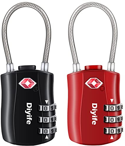 Diyife TSA-bagagelås, 2 stycken, 3-siffrigt säkerhetslås, kombinationslås, kodlås för resväska, bagageväska, etui med mera (svart, rött)