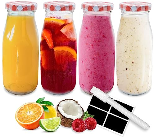 Bottiglie di Vetro per Latte con Coperchi - Confezione da 4 Bottiglie di Vetro da 250 ml con Coperchi, Etichette e Penna - Bottiglia Riutilizzabile per Conservazione (Coperchio a Quadretti Rossi)