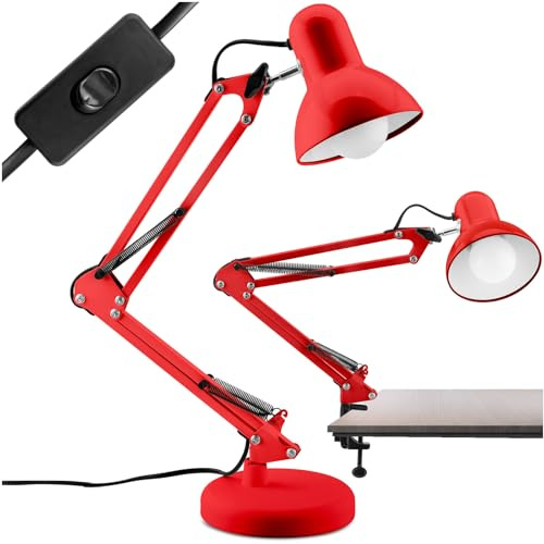 Lumiled Schreibtischlampe klassisch Leselampe Rot Tischleuchte Tischlampe Verstellbarer Arm Arbeitsleuchte Nachttischlampe mit E27 Fassung Retro aus Metall Arbeitszimmer mit Klemme red