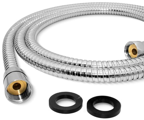 Teronbeta Duschschlauch 1.5m Universal Flexible Edelstahl Duschschlauch Ersatz Duschrohr mit 2 Unterlegscheiben,Anti-Knick und Leck Proof-Chrome