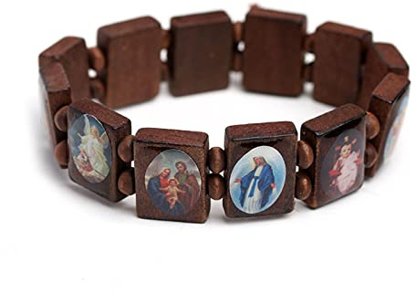Hyclam Bracciale in legno con rosario con Gesù, elastico, con perline colorate, braccialetto cattolico, religioso, santo, devozione, braccialetto