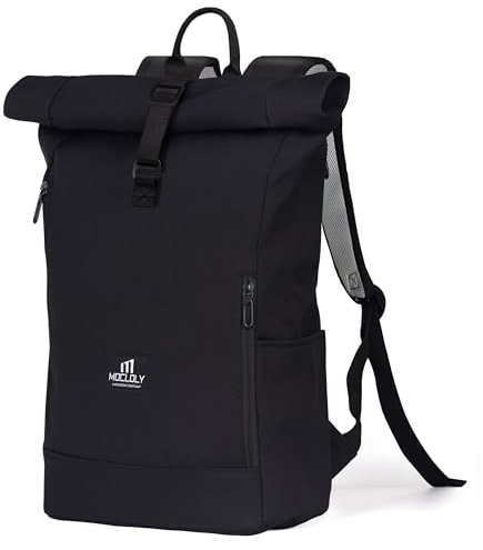 MOCLOLY Rolltop Rucksack Damen - Wasserdicht Rollrucksack - Mit Laptopfach Klein Travel Backpack, Elegant Reiserucksack für Uni Business Arbeit City Reise - Schwarz