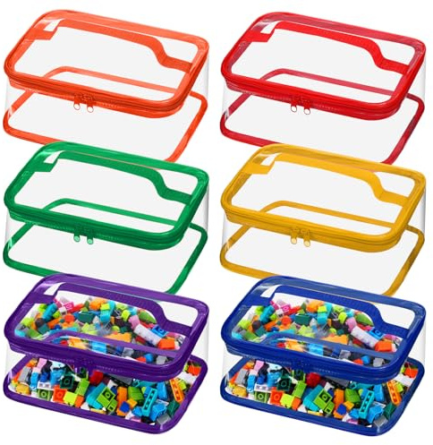 Nitial 6 Packs Clear Toy Storage Bags PVC Organizing Toys Bags with Zipper for Kids Building Blocks Board Games Christmas Valentines Birthday Gift(Bright Colors)