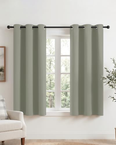 PONY DANCE Sage Green Blackout Curtains for Kids Bedroom Kitchen Eyelet Short Thermal Insulated Curtains & Drapes for Small Windows Soundsproof Privacy Window Treatment, W 34 x L 45, 2 Panels