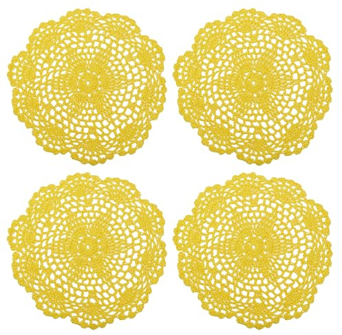 sourcing map Centrini all'uncinetto, 4 pezzi, 20,3 cm, sottobicchieri in cotone fatti a mano, tovagliette rotonde in pizzo con motivi floreali per decorazioni per feste di nozze (giallo)