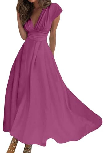 Robe Femme Chic Et Élégante Pour Mariage, Plage, Été - Mi-Longue, Manches Courtes, Bohème, Droite, Longue - Rose Vif XL