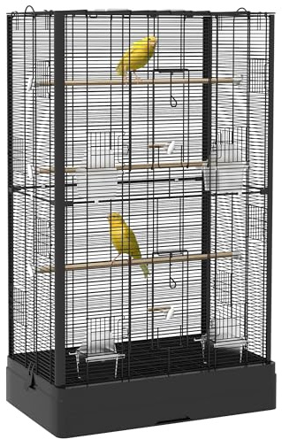 PawHut Jaula para Pájaros 61x36,5x98 cm Pajarera con Puertas Perchas Bandeja Extraíble Cajas de Comidas y Asas Jaula para Ninfas Periquitos Pinzones Canarios Negro