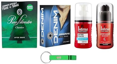 Testpaket After Shave 1x Pino Silvestre Original 125ml + 1x Denim Original 100ml + 1x Intesa Balsam Sensitive 100ml + 1x Intesa Antirughe 100ml + Beni Culinari Kostenloser Schlüsselanhänger