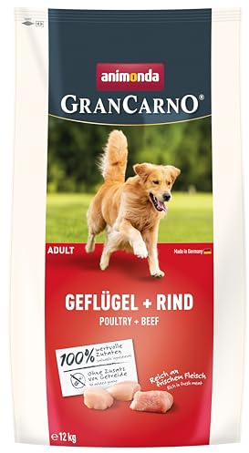 animonda GranCarno Adult Hundetrockenfutter getreidefrei Geflügel + Rind (1 x 12 kg), Trockenfutter für Erwachsene Hunde ohne Gluten und Weizen, Hundefutter trocken mit hoher Bekömmlichkeit