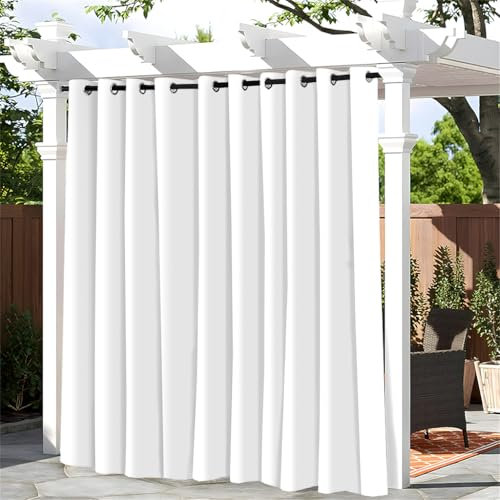 Hiseng Outdoor Vorhang Wetterfest mit Ösen 1 Stück Balkon Outdoorvorhänge Wasserdicht Einfarbig Blickdicht Vorhang Outdoor Sichtschutz Vorhänge für Garten Terrasse (140x175cm,Weiß)