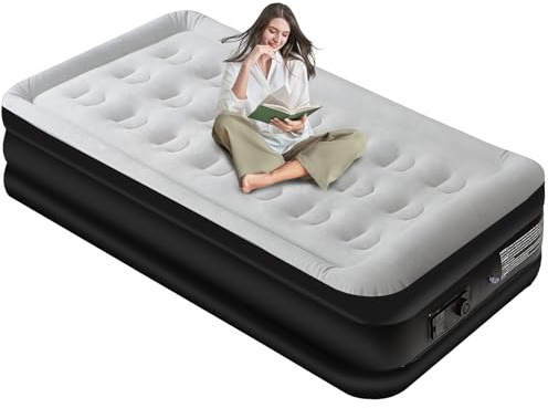 Panana Single Air Bed Inflatable Airbed with Built-in Pump Blow Up Bed with Flocked Top, Self-Inflation Deflation Mattress with Storage Bag for Home Camping 196x97x47cm