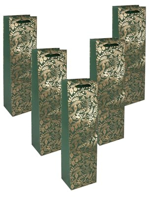 SIGEL GT130 - Sacchetto regalo con bottiglia, colore oro/verde, ornamenti, con inserto sul fondo e manici in seta coordinati, in plastica, cartone bianco, 10 x 35 x 8 cm, 5 pezzi
