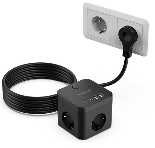 TESSAN Steckdosenwürfel mit Verlängerungskabel 5M, Mehrfachsteckdose mit 2 USB C PD 20W Schnellladen, 3 Fach Steckdosenleiste Flachstecker mit 4 USB und Schalter, Mehrfachstecker für Büro, Schwarz