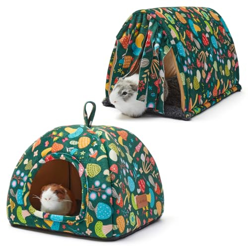 TailoWag Guinea Pig Hideout Soft Large Bed Tunnel with Door Curtain 2 Pack Guinea Pig Toys Set Bunny Bed Cage Accessories for Small Animals (Blackish Green Mushroom)