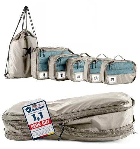 SEESCHWALBE Packing Cubes Compression | Packwürfel kompression als ultraleichte Rucksack Organizer oder Koffer Organizer | Ideale Packtaschen für dein Reise- und Camping Zubehör (6-teilig, beige)