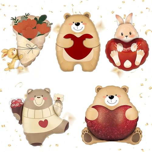 5 pcs Palloncino Foil Orsetto e Coniglio, Palloncini con animali, Palloncini Auto-sigillanti, Decorazione Romantica San Valentino, Anniversario Matrimonio e Fidanzamento