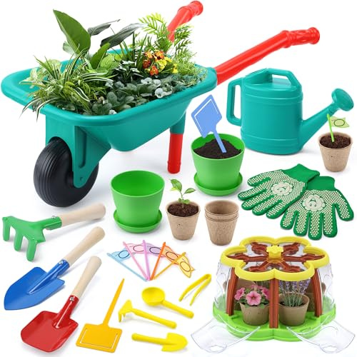 Cute Stone Ensemble de Jardinage Enfants, Kit de Culture de Plantes avec brouette, 3 Outils de Jardin en métal, Serre Enfants avec système d'irrigation amélioré, Jouets d'intérieur et d'extérieur