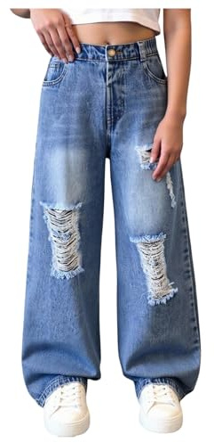 SHENHE Girl's Ripped Baggy Jeans Y2k Wide Straight Leg Distressed Elastic Waist Denim Pants Light Wash 10Y