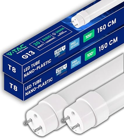 V-TAC 2x Tubi LED 150 CM - attacco G13-20W - [CHIP CREE LED - ALTE PERFORMANCE] - 2100 Lumen - Tubi LED per Soffitto, Parete, Garage - Tubo LED forma T8 - Sostituzione Neon - Luce Naturale 4000K