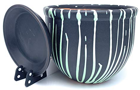 Pot de Fleurs en céramique émaillée avec Soucoupe Ronde en Terre Cuite avec bac d'égouttement Couleur Argile 40 x 30 cm Noir/Menthe