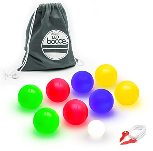 GoSports 85 mm LED Bocce Ball Game Set - Includes 8 Light Up Bocce Balls (8.5oz Each), Pallino, Case and Measuring Rope