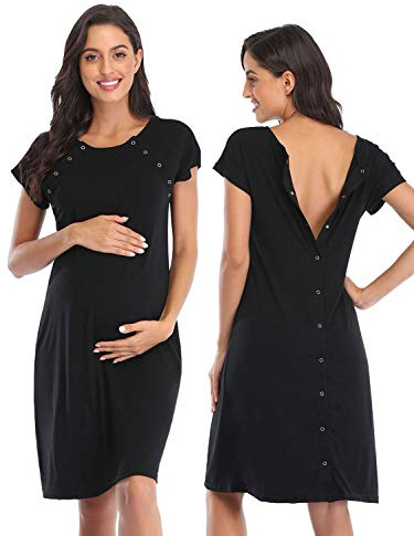 Soanhoo 3 in 1 Delivery/Labor/Nursing Nightgown Women's Maternity Hospital Gown/Sleepwear for Breastfeeding,Black,M