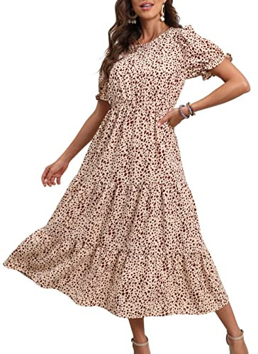 GRECERELLE Womens Summer Midi Dress Floral Print Boho Dress Ruffle Puff Sleeve High Waist A-Line Casual Boho Cocktail Holiday Beach Long Dress for Ladies (LD Apricot, M)