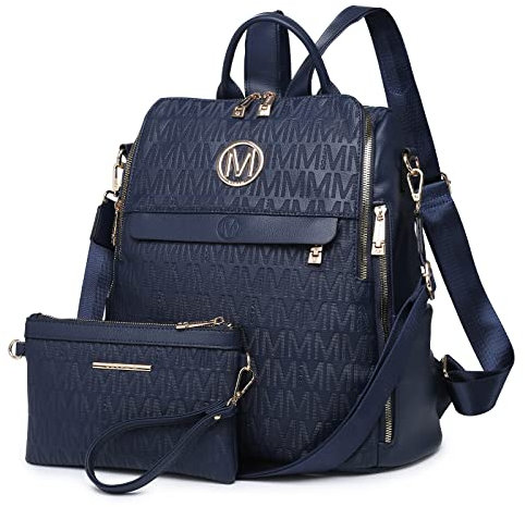 MKP Women Fashion Backpack Purse PU Leather Convertible Medium Ladies Rucksack Travel Shoulder Bags Handbag and Purse 2Pcs, Blue, M, Rucksack Backpacks
