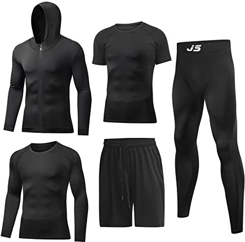 JULY'S SONG kompressionsträningsset för män 5 st torra snabba skjortbyxor shorts tights jacka kläder för gym, Svart/T-shirt, XXL
