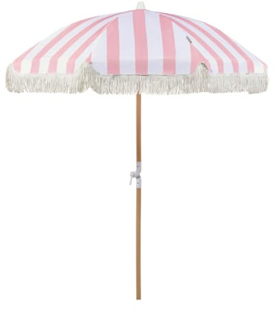 Beliani Parasol de Jardin Rétro ⌀ 150 cm Mât en Bois et Tissu Rose et Blanc Mondello