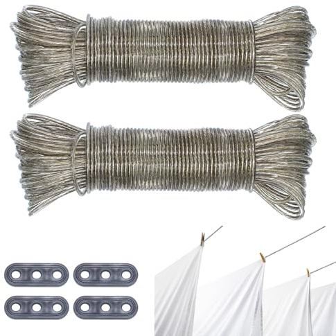 AIMEKE 2 Stück Wäscheleine mit Stahlkern 20 m Heavy Duty Extra Stark Wäscheleinen Reißfeste Wäscheleine mit 2 Spanner für Haushalt Garten Balkon Camping