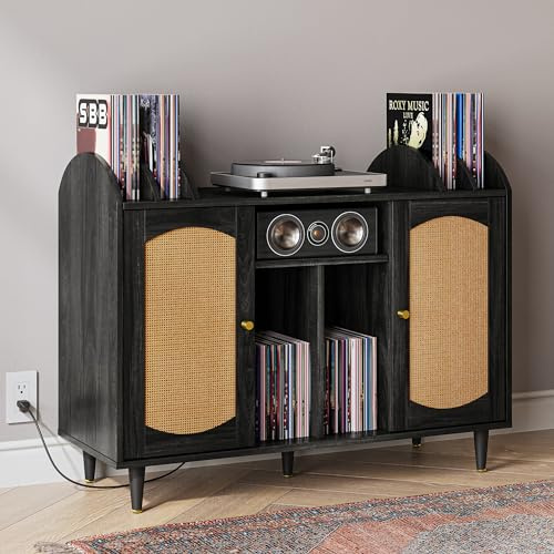 BELLEZE Mid-Century Record Player Stand, Vinyl Record Storage Cabinet Holds up to 350+ Albums, Rattern Decorated Turntable Stand with Power Outlet for Living Room, Office - Brown