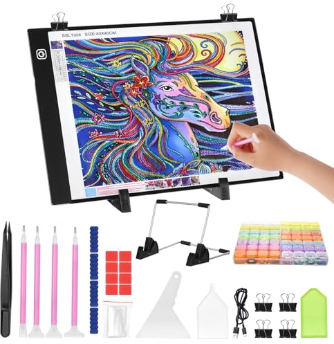 AUAUY Leuchtplatte Light Pad A4 Set Leuchttisch Einstellbare Helligkeit, Leuchttisch für 5D Diamond Painting Zubehör Dimmbarer Leuchtplatte mit Ständer/clips, Lichtpad für Designen Zeichnen Skizzieren