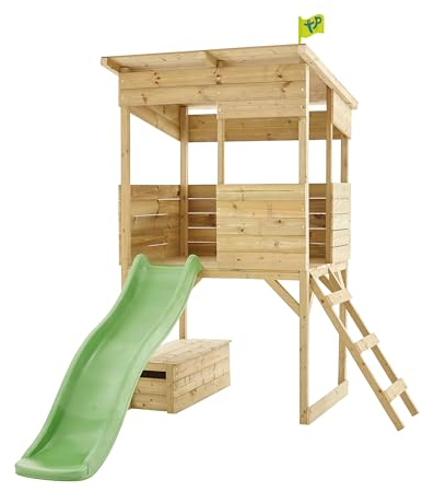 TP Toys Maisonnette des Cimes avec Glissière – Bois FSC Certifié – Maison à 2 Niveaux avec Tour d’Observation, Coffre à Jouets et Toboggan – Kit d’Ancrage – 3 Ans+