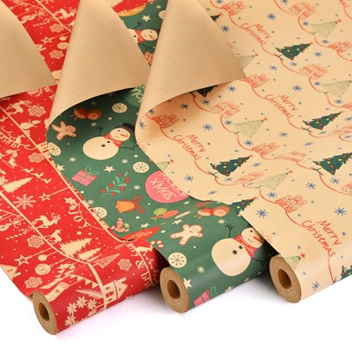 AhfuLife 3 Rolls Christmas Wrapping Paper for Gift, 43cm x 10M Xmas Recyclable Kraft Wrapping Paper Rolls for Christmas Boxes Gift Wrap Birthday Festival Present Decorations