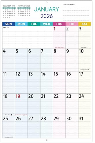 2026 Wall Calendar - Large Print Calendar 2026, 12 Monthly Calendar, Jan. 2026 - Dec. 2026, 14.6 x 22.8 In (Open), 2026 Calendar with Big Numbers, Large Grid, Notes, Moon Phases, Great for Planning