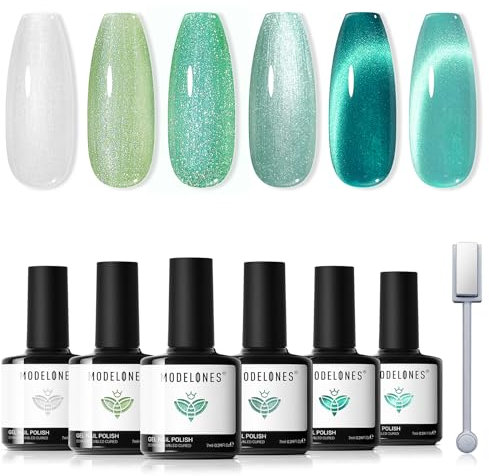 Modelones Cat Eye - Esmalte de uñas de gel UV magnético, 6 colores, esmalte de uñas, esmalte de uñas, esmalte de uñas, esmalte de uñas Soak Off UV, para decoración de uñas, color blanco, verde menta